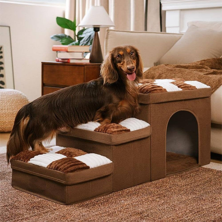 Beige 3-step pet stairs with integrated dog condo and hidden storage, suitable for small and senior pets.
