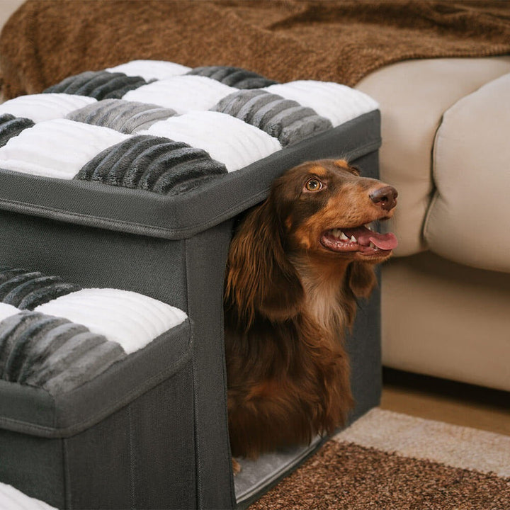 Compact pet steps for small dogs featuring a secure dog condo and ample storage, aiding senior pet mobility.