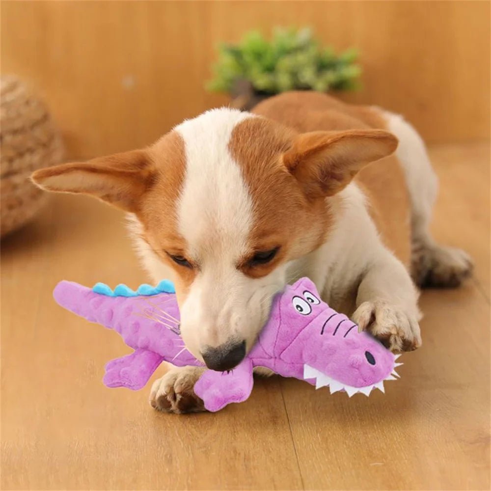 Assortment of colorful squeaky plush chew toys for small and medium dogs, promoting dental health.