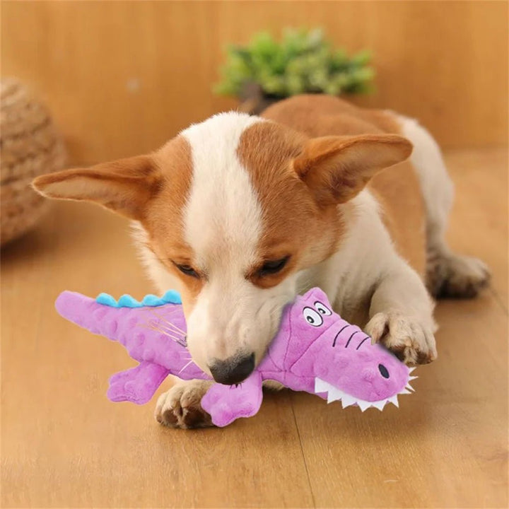 Assortment of colorful squeaky plush chew toys for small and medium dogs, promoting dental health.