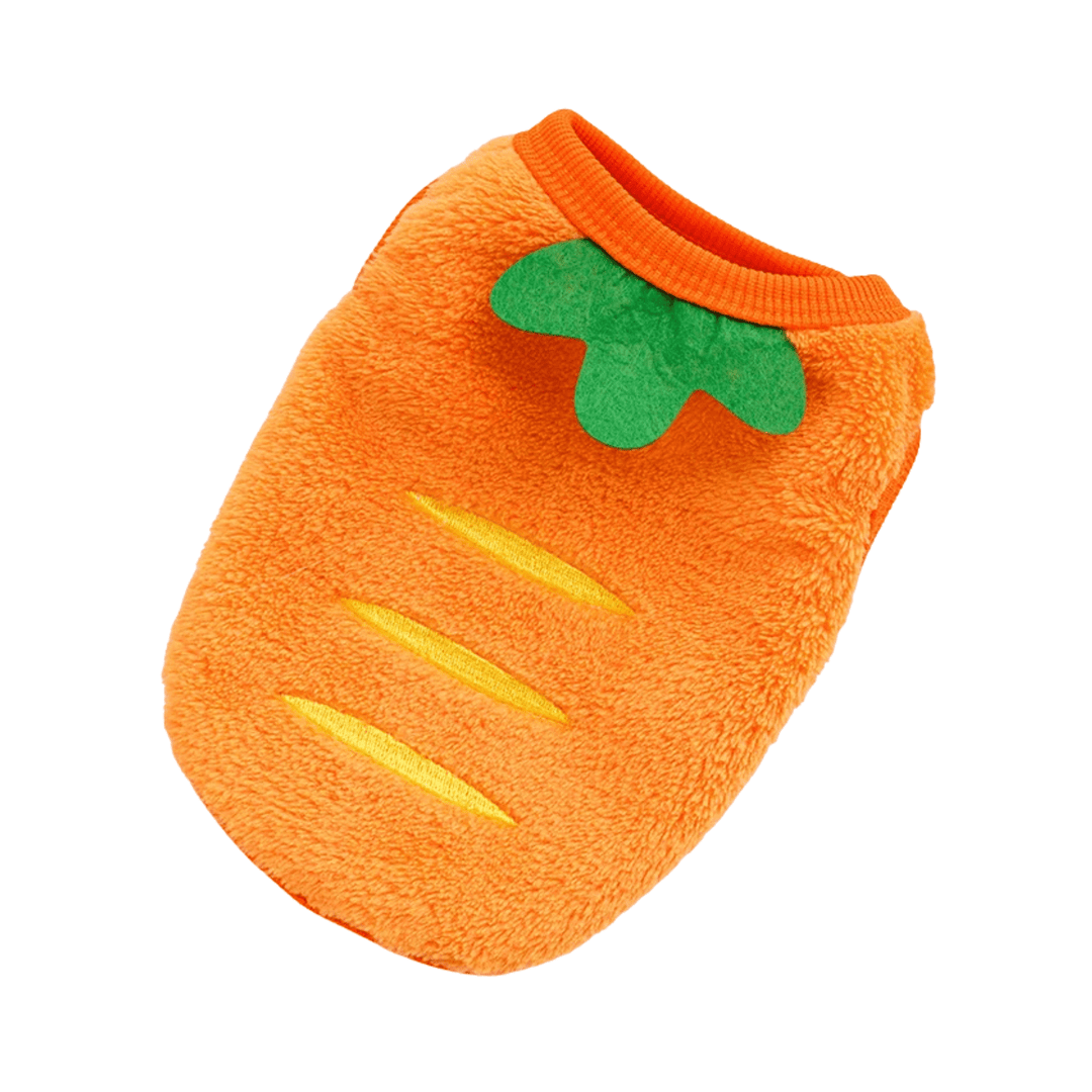 Adorable cat wearing a soft, orange carrot pet costume for small pets, holiday apparel