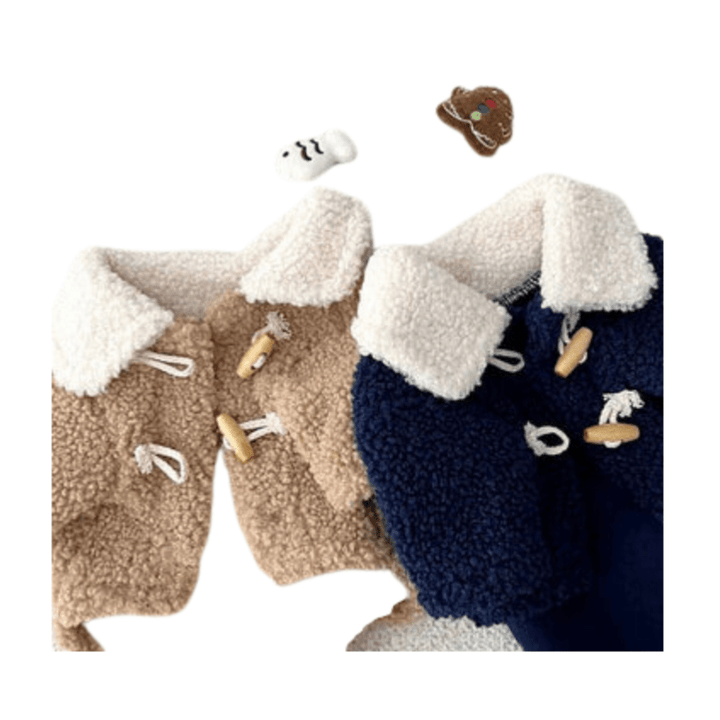 Medium dog wearing warm bear pattern winter jacket, side view, plush lining visible