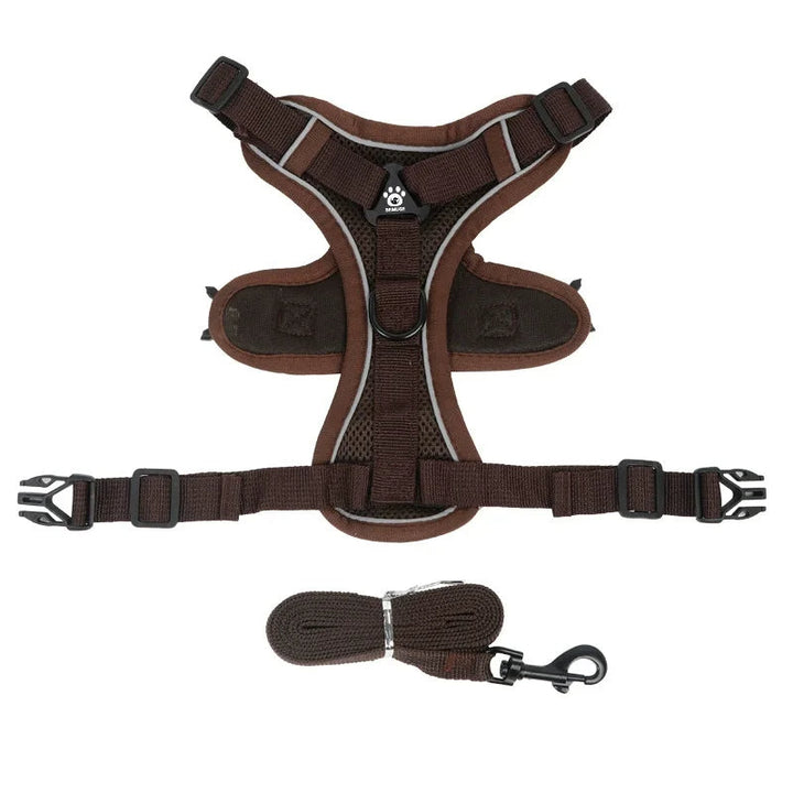Small dog reflective no-pull harness and leash set, adjustable for pet safety during walks.