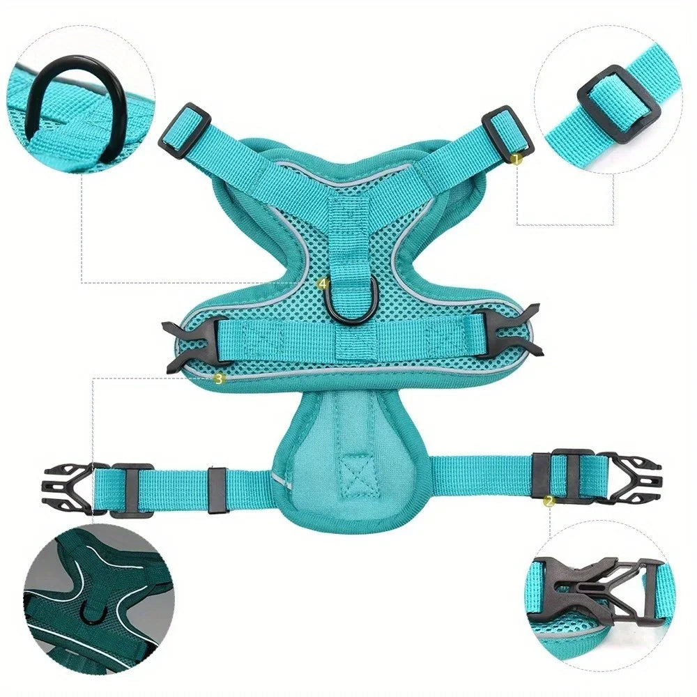 Adjustable reflective dog harness for small pets, featuring a no-pull design for comfortable walk training.