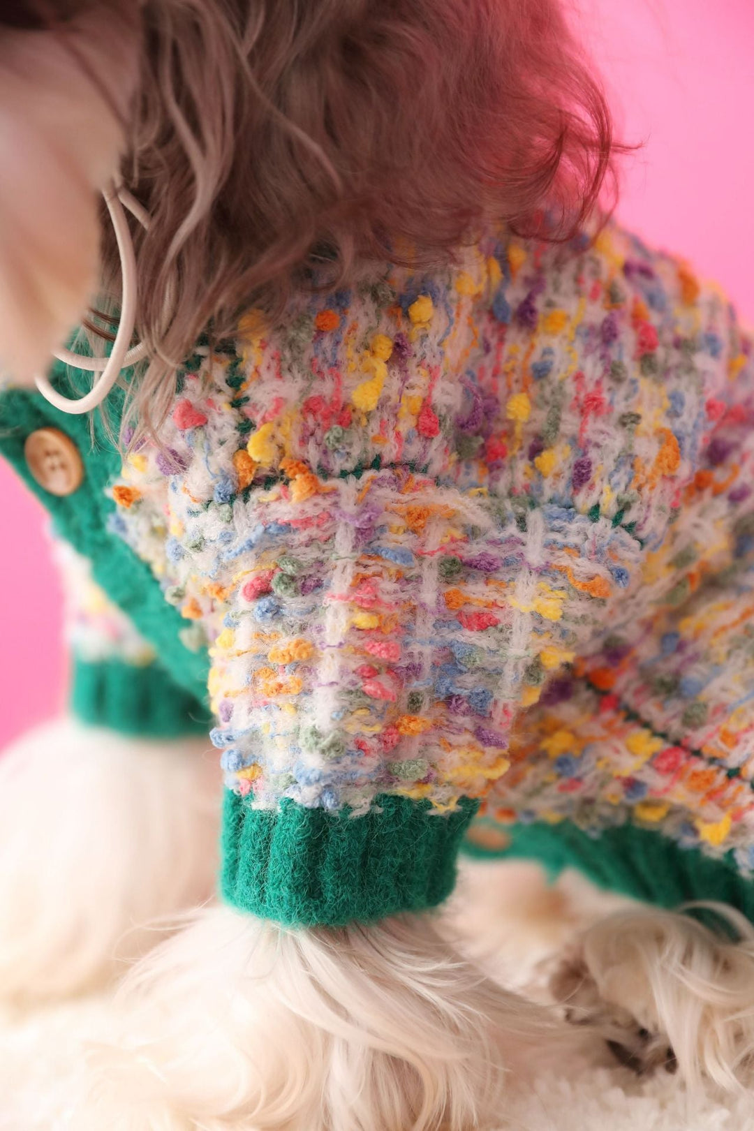 Machine washable colorful dotted dog sweater, detailed view of the knit and vibrant spots