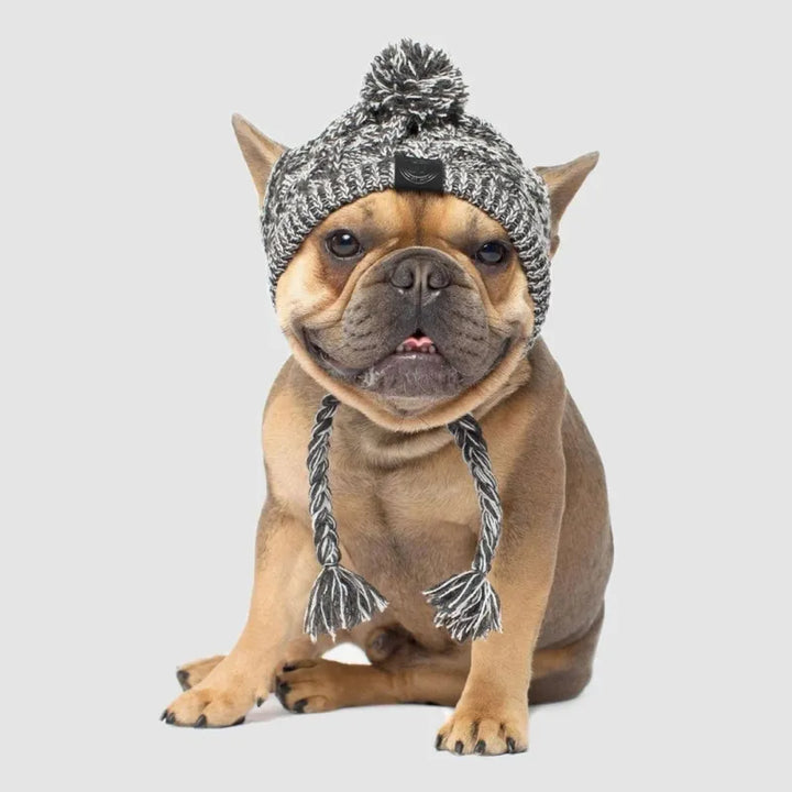 Knitted winter hat with a pom-pom for dogs, displayed folded, high-quality pet accessory.