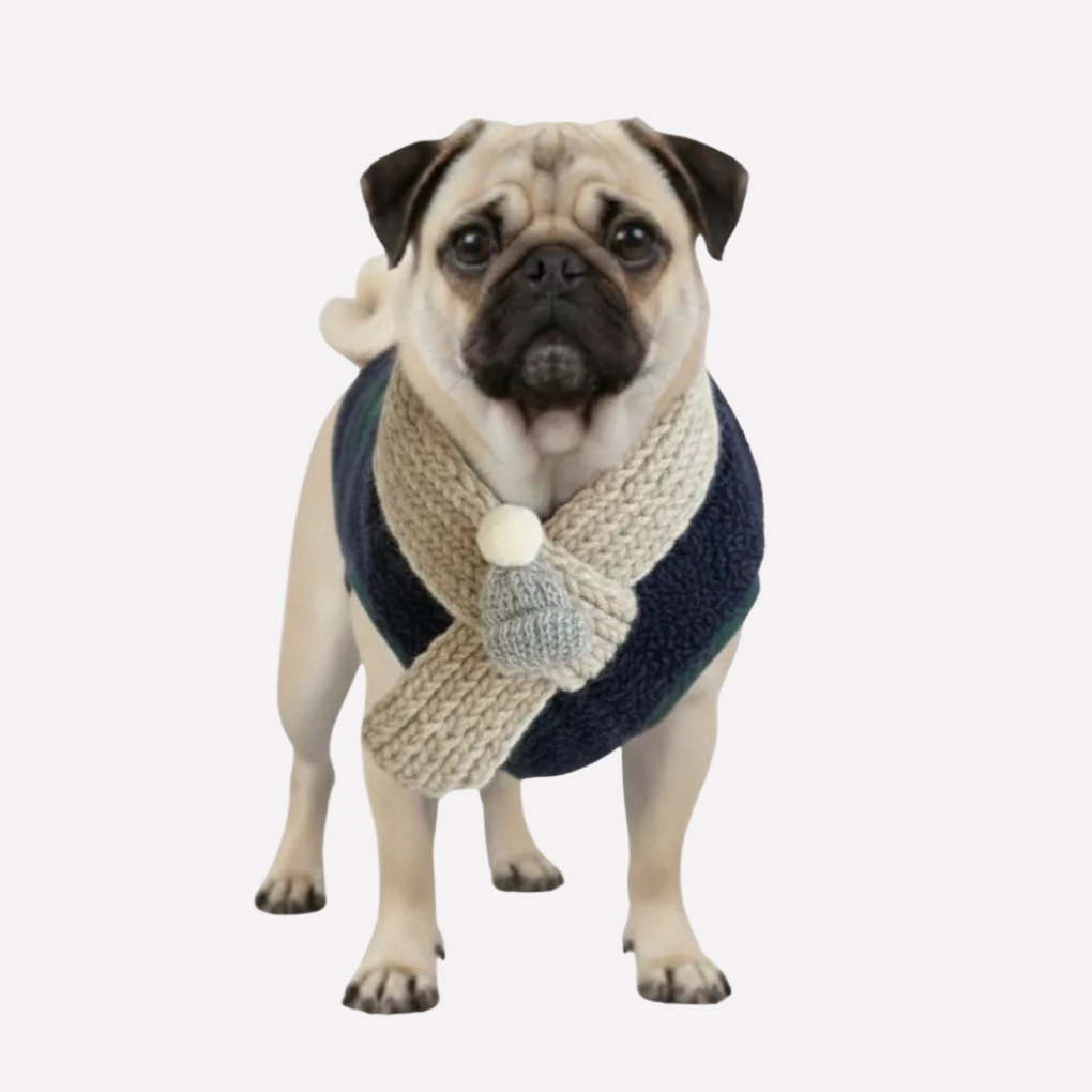 Warm winter dog jacket in classic plaid pattern with attached scarf, ideal for small dogs