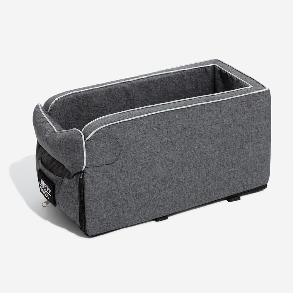 Pet supplies: grey suede dog car seat, ideal for small dogs as a comfortable car accessory.