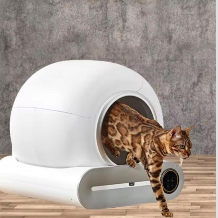 Smart automatic self-cleaning cat litter box with odor control, perfect for multi-cat households, observed from the front.