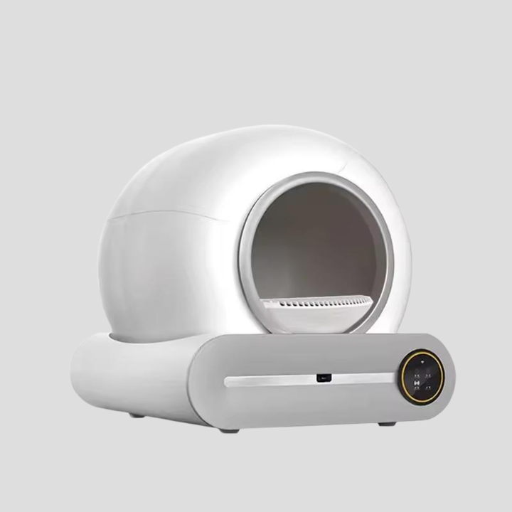 App-controlled robot cat litter box providing a clean environment, shown with its waste collection area clearly visible.