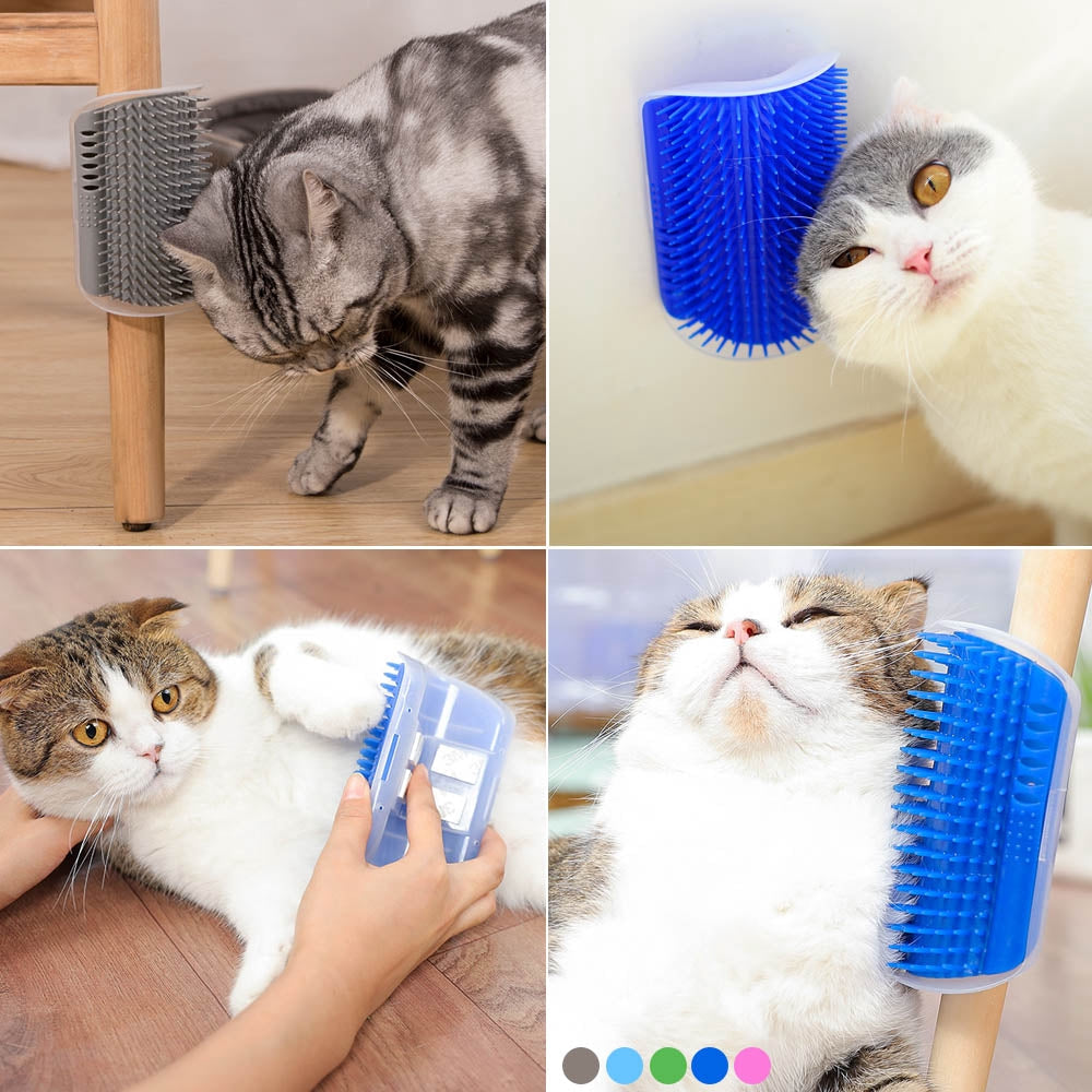 Smart Cat Corner Groomer with catnip dispenser, grey, mounted in corner, close up