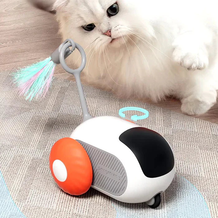 Smart interactive remote control cat toy, white with LED light, engaging feline activity.