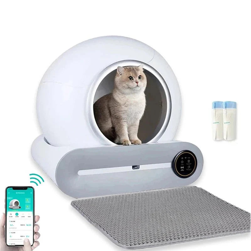 Smart self-cleaning 65L cat litter box with app control, showing the large capacity and modern design for pet care.