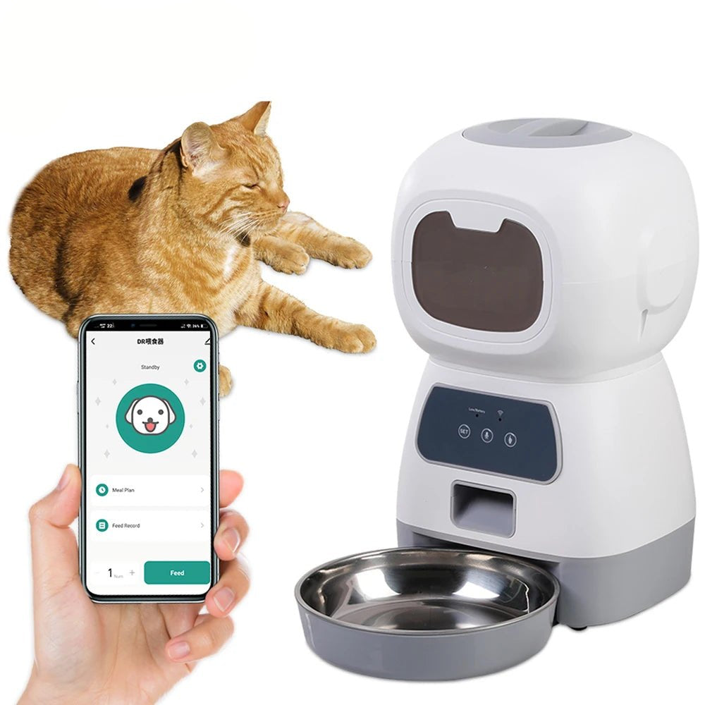 Smart Wifi Automatic Pet Feeder for cats and dogs, programmable with app control for convenient feeding.