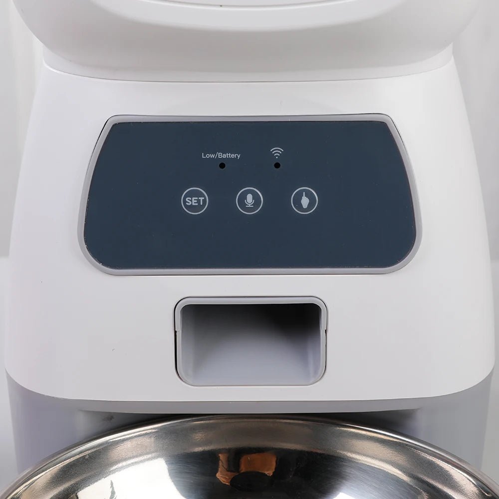 Sleek smart pet feeder with visible food level, Wifi connectivity, and app for scheduled dog/cat meals.