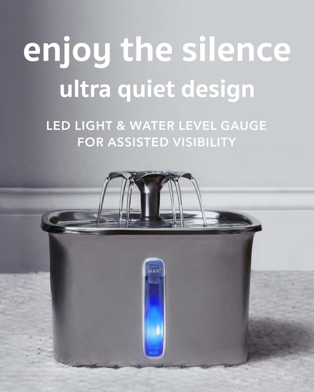 Durable stainless steel pet water fountain, providing filtered hydration. Food-grade for your cat's health and wellness.