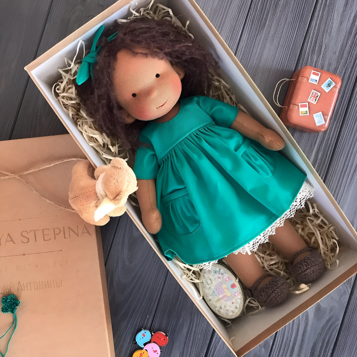 Wool Waldorf doll, a traditional handcrafted children's toy for cuddles & imaginative play.