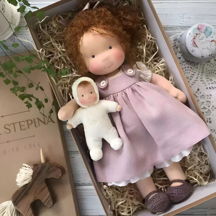 Soft imaginative Waldorf doll, handcrafted from organic cotton for children's cuddles.