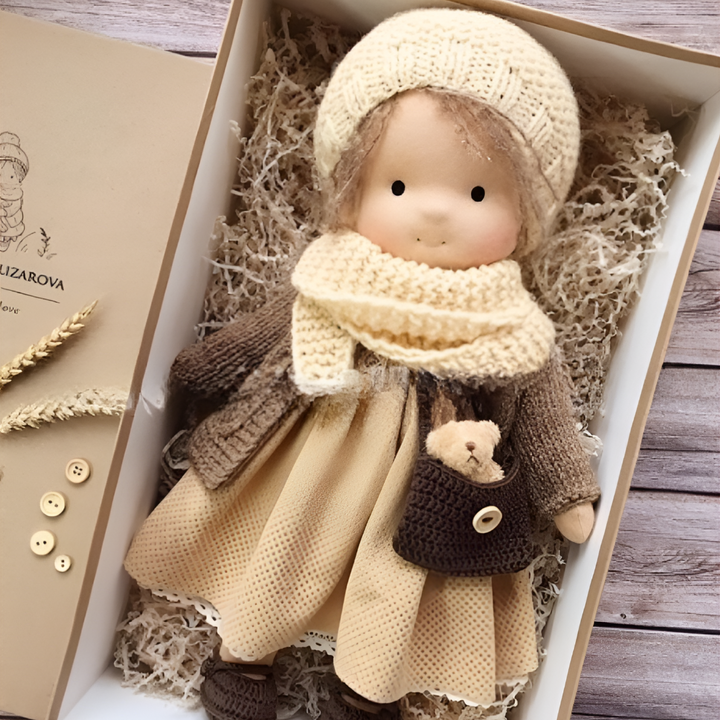 Soft and natural Waldorf doll, an organic cotton imaginative play toy for toddlers.