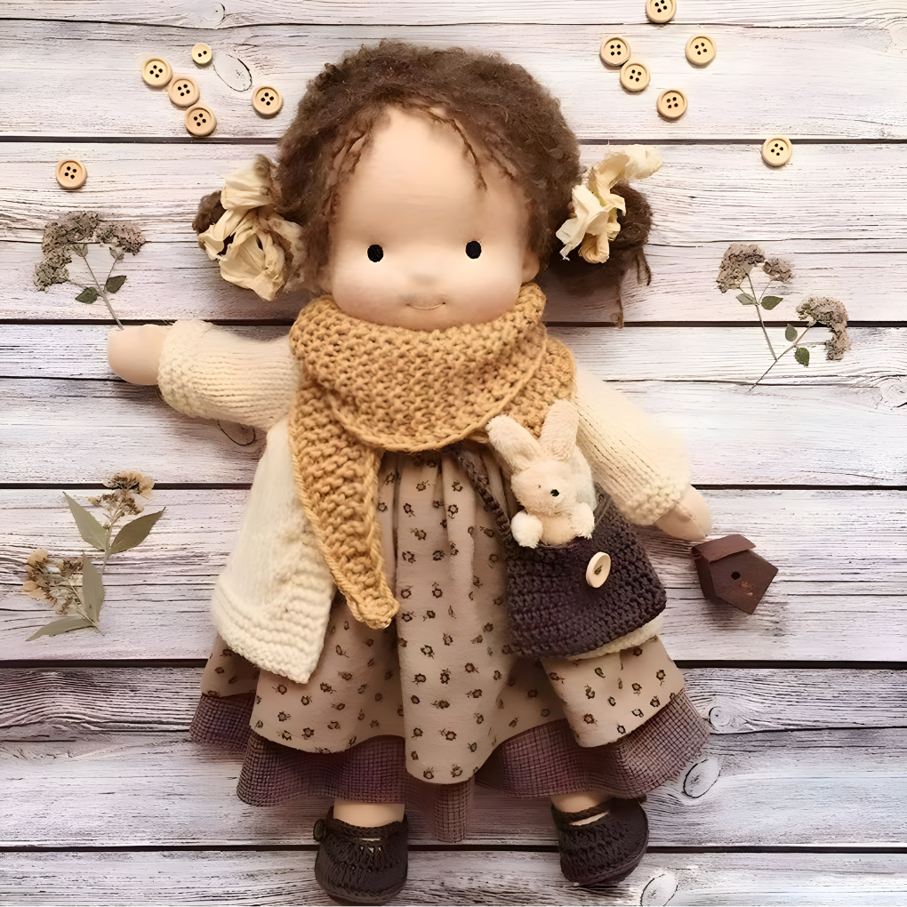 Natural wool Waldorf doll, soft and handmade, an ideal comfort doll for kids.
