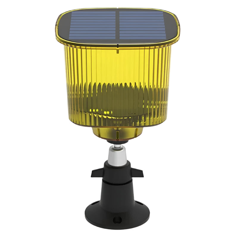 Solar powered bird deterrent with motion sensor, alarm, and strobe light for garden protection.