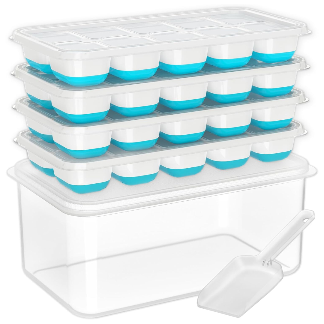 Space-saving stackable silicone ice trays with lid & freezer storage bin, perfect kitchen gadget.