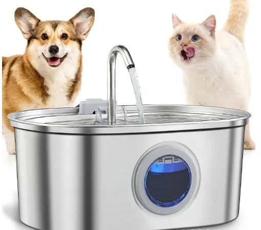 Stainless steel 3.2L pet fountain, providing quiet, filtered water for cats and dogs.