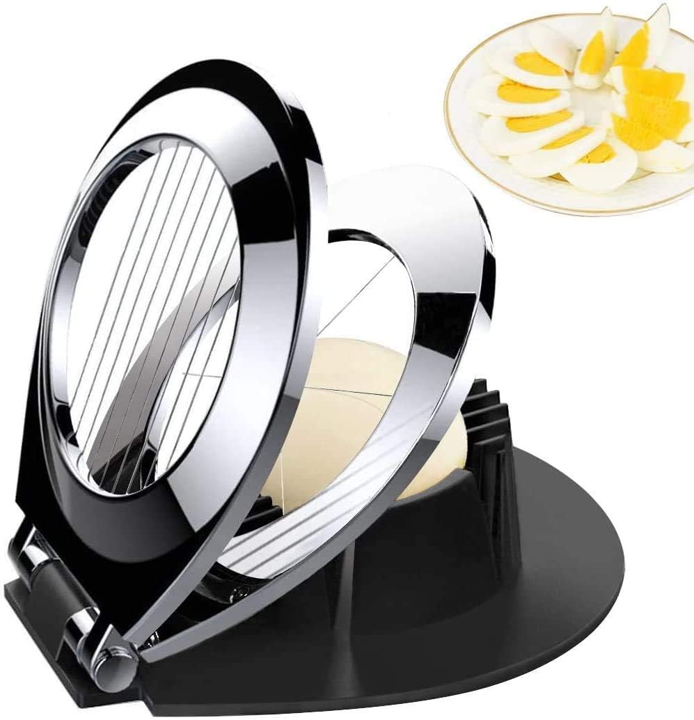 Modern egg slicer with 3 cutting options. A robust stainless steel kitchen tool for versatile use.