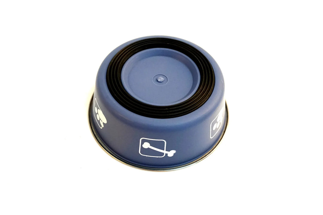 Hygienic stainless steel pet water bowl featuring a sturdy gray non-slip base for pet feeding.