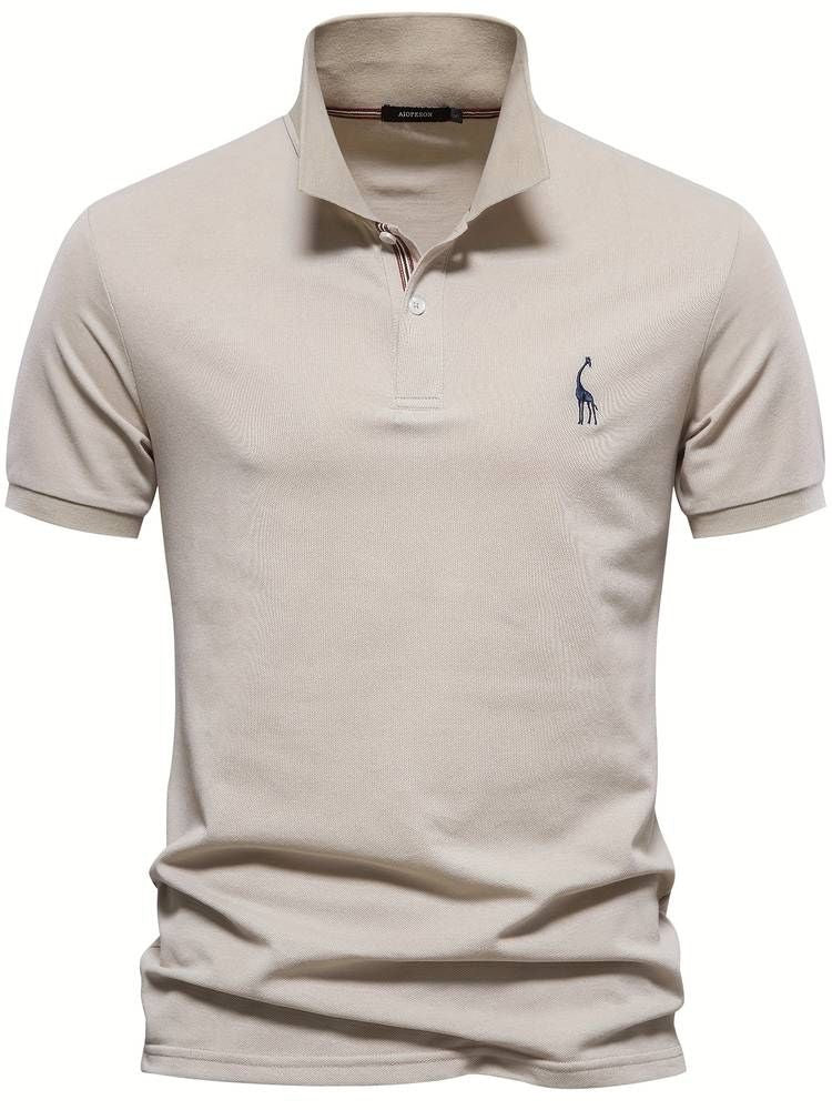 Men's everyday comfort polo, short sleeve golf shirt style, with a classic embroidered giraffe accent.