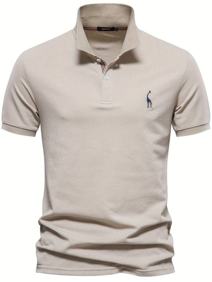 Men's everyday comfort polo, short sleeve golf shirt style, with a classic embroidered giraffe accent.