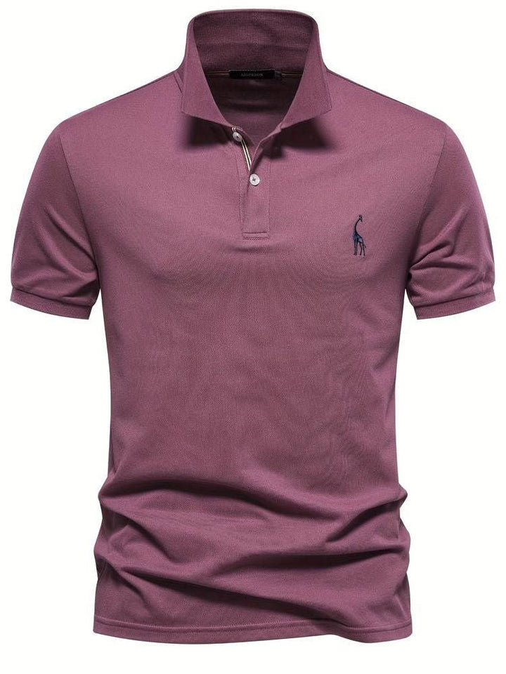 Premium men's short sleeve golf polo, comfortable fit, perfect for the course & casual outings, giraffe detail.
