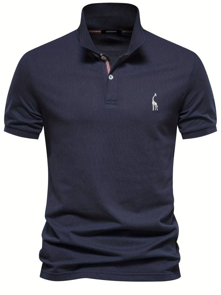 Comfortable men's golf polo shirt, short sleeve, versatile for casual wear, showcasing a unique giraffe emblem.