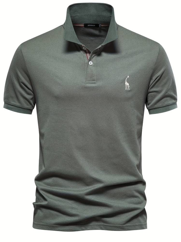 Men's short sleeve golf polo shirt, comfortable for casual wear, featuring a charming embroidered giraffe.