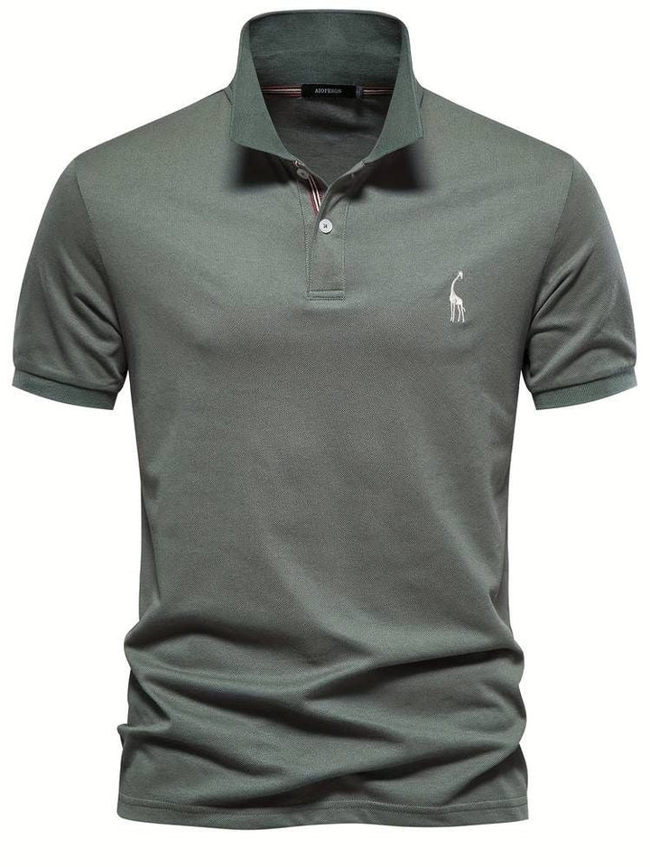 Men's short sleeve golf polo shirt, comfortable for casual wear, featuring a charming embroidered giraffe.