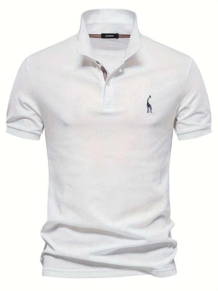 Stylish men's short sleeve golf polo, designed for ultimate comfort, featuring a distinctive embroidered giraffe.