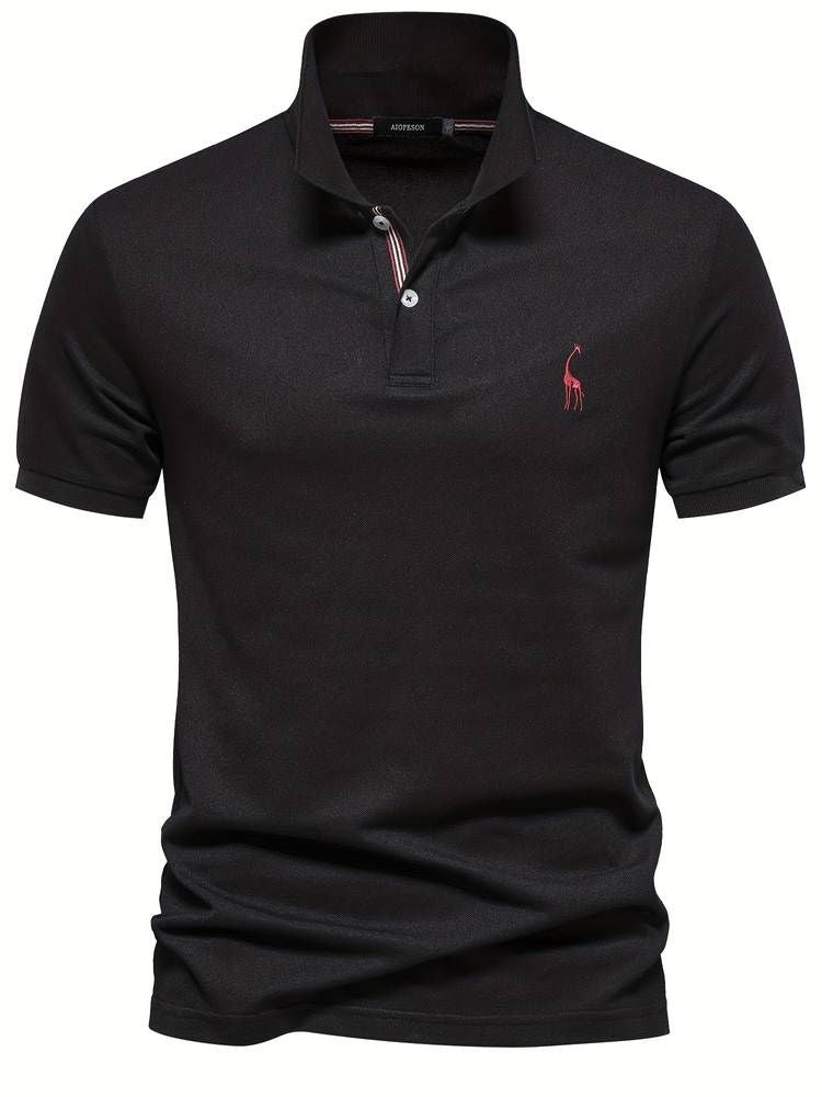 Versatile men's polo shirt, short sleeve, perfect for golf or casual style, adorned with a playful giraffe.