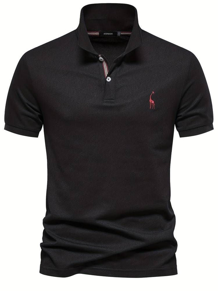 Versatile men's polo shirt, short sleeve, perfect for golf or casual style, adorned with a playful giraffe.