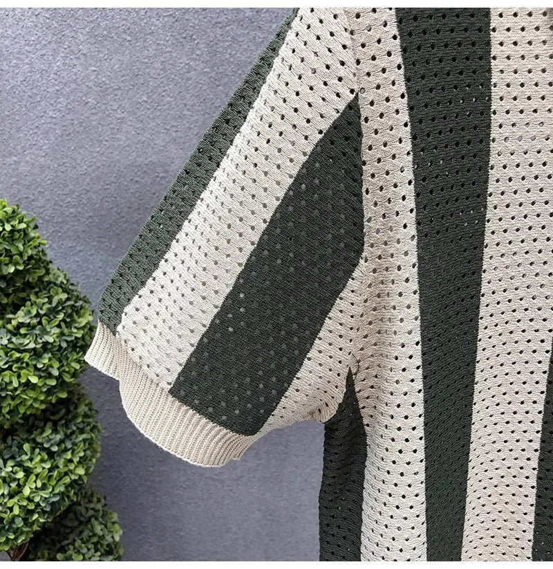 Men's classic striped zip polo, modern fit, short sleeve, combining vintage style with casual elegance.
