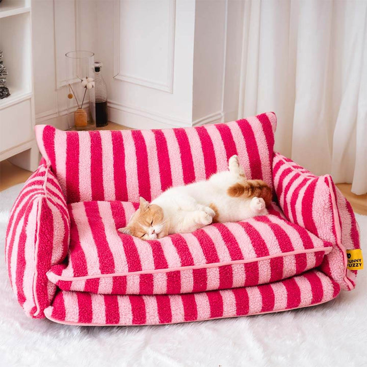 Striped Faux Lambswool Double Layer Cat Sofa Bed, cozy pet furniture