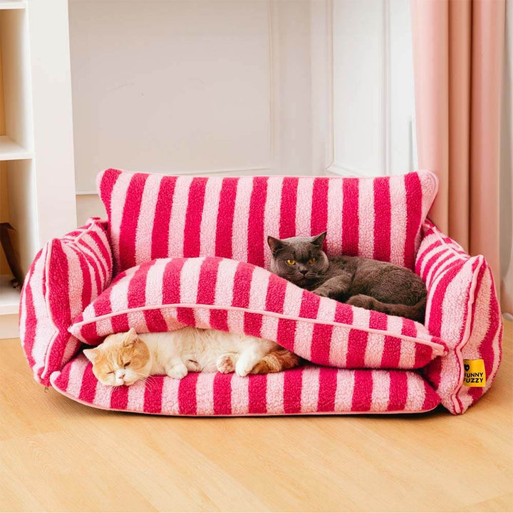 Striped cat bed designed for maximum pet relaxation, washable cover