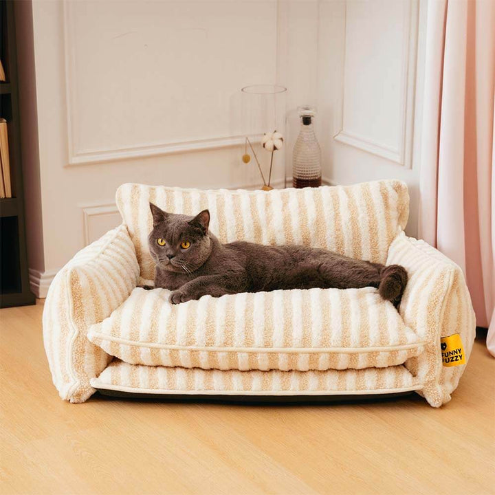 Luxurious striped cat bed with soft faux lambswool for ultimate comfort