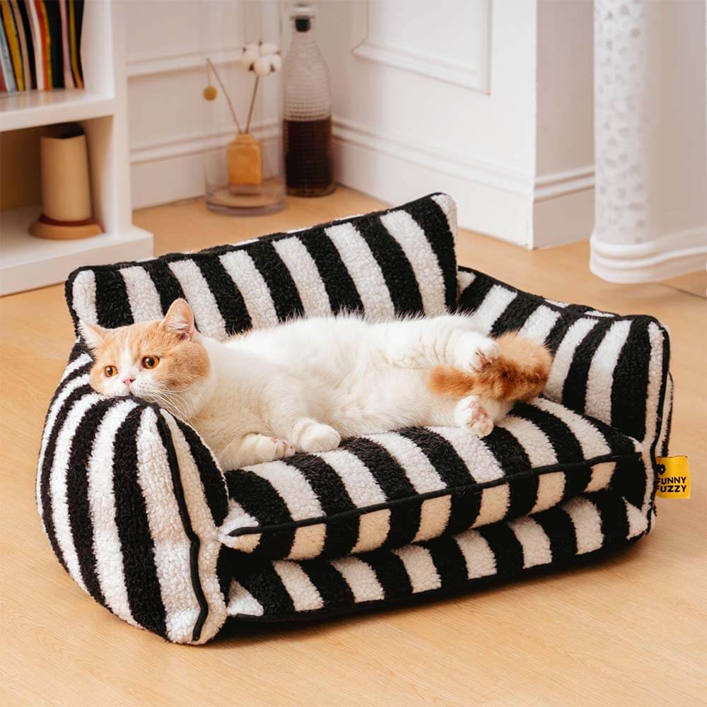 Striped faux lambswool cat bed with durable construction, pet furniture