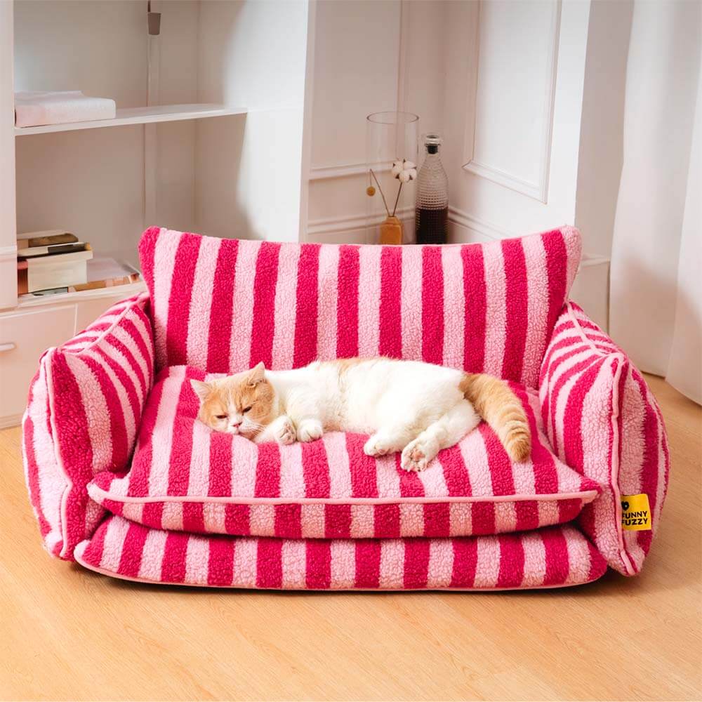 Warm striped cat lounge bed, faux lambswool material for winter comfort