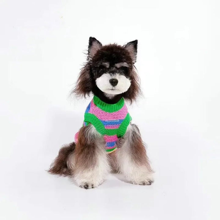 Close-up of all-cotton striped knit pet sweater, green & white, comfortable pet vest, natural fiber