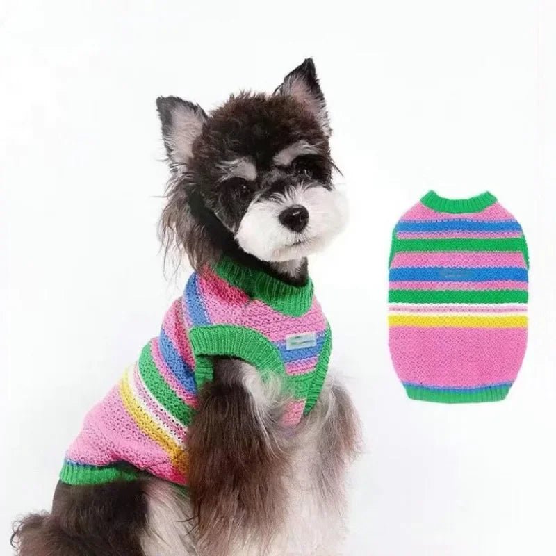 Pet wearing striped cotton knit sweater vest, black & white, warm and stylish dog or cat apparel