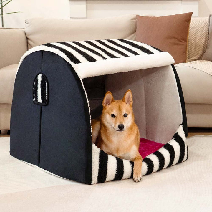 Non-slip striped orthopaedic dog bed in a living room setting, ideal for pet comfort & modern home decor