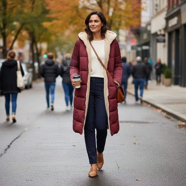 Women's luxurious hooded puffer jacket, providing warmth and style for winter.