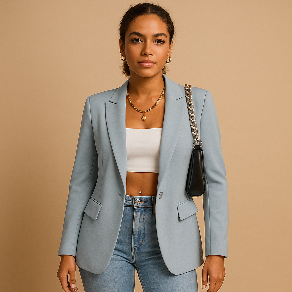 Professional women's tailored blazer, an elegant jacket for office wear & sophisticated business attire.