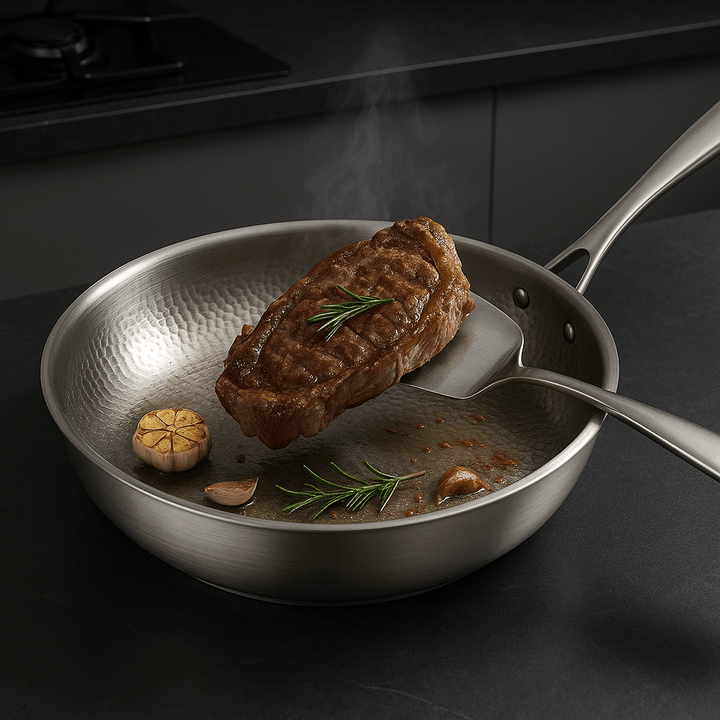 Durable Titan-Premium stainless steel frying pan, uncoated for healthy cooking, compatible with induction & all stoves.